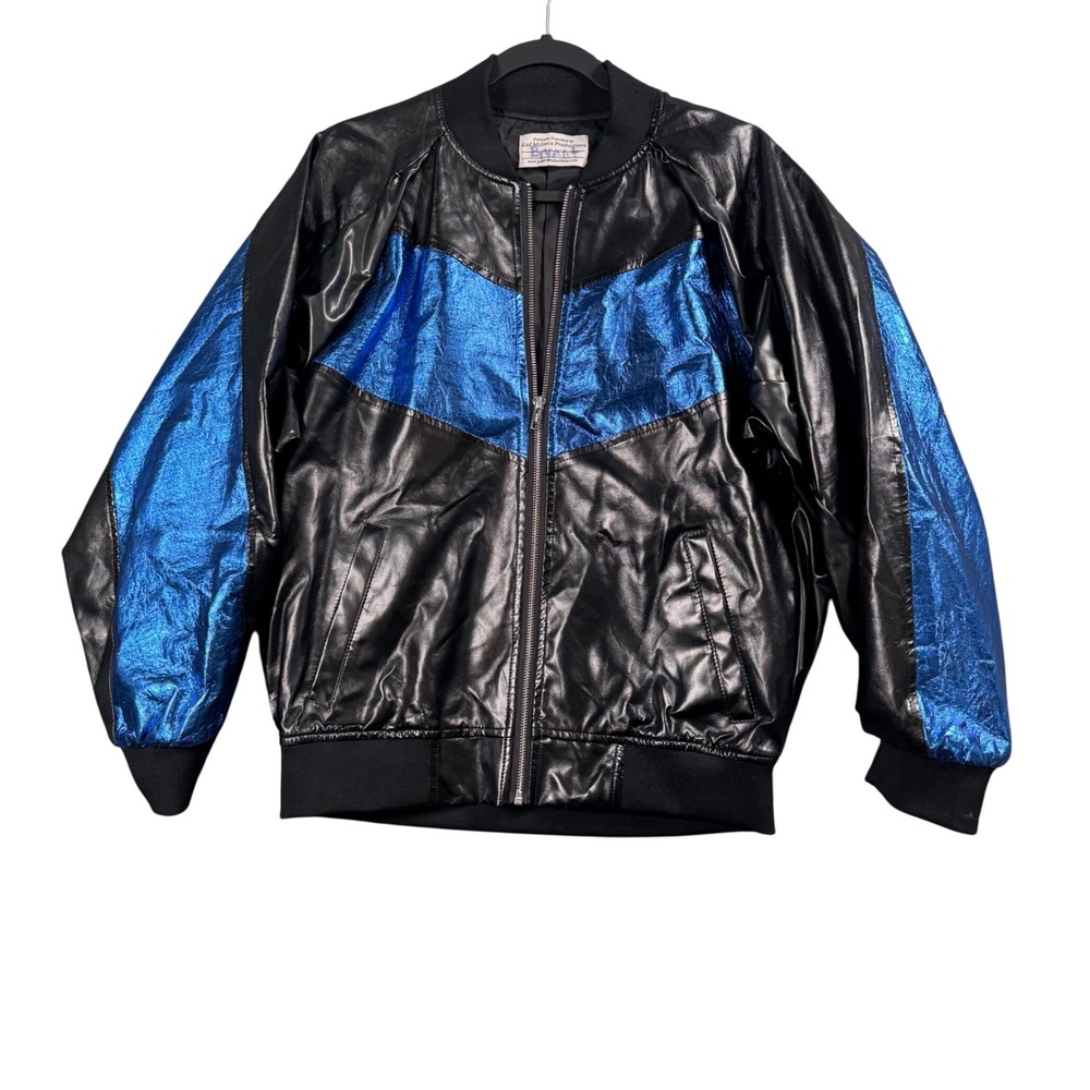 VTG 90s Y2K Metallic Black Blue Bomber Jacket L Stagewear Costume Indie Sleaze‎